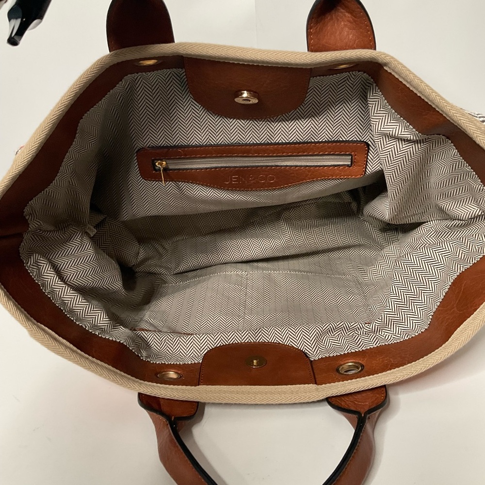 Jen & Co Woven Patterned Cotton Peach Cream Grey Striped Tote Bag Lined Interior - Picture 8 of 15
